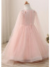 Pearl Beaded Blush Pink Embroidery Lace Tulle Flower Girl Dress